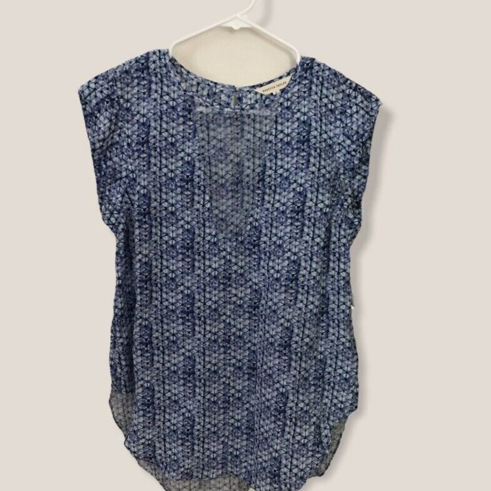 Rebecca Taylor 100% Silk Charlie Sleeveless Printed V Neck Blouse Blue Size 2